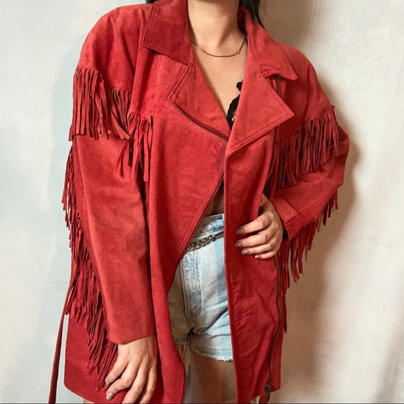 VINTAGE 100% LEATHER RED FRINGE SHORT TRENCH COAT - Picture 3 of 9
